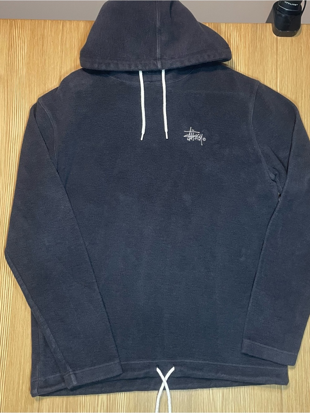 Stussy Fleece Hoodie Medium Vintage Style Cinch Hem Navy Blue